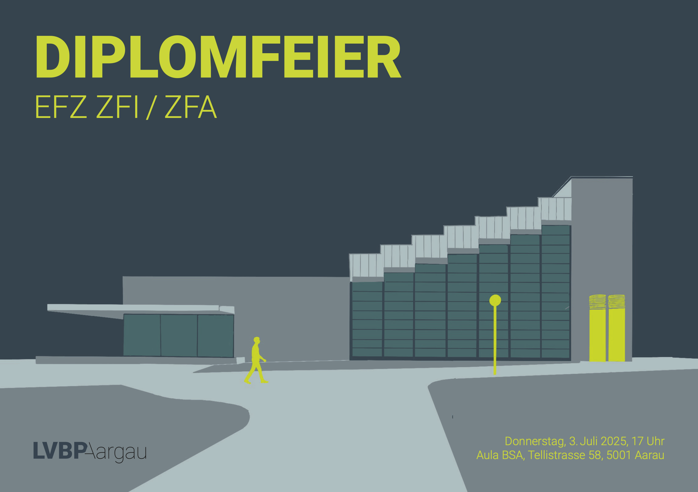 Einladungskarte zur Diplomfeier 2026 – gestaltet von Lernenden